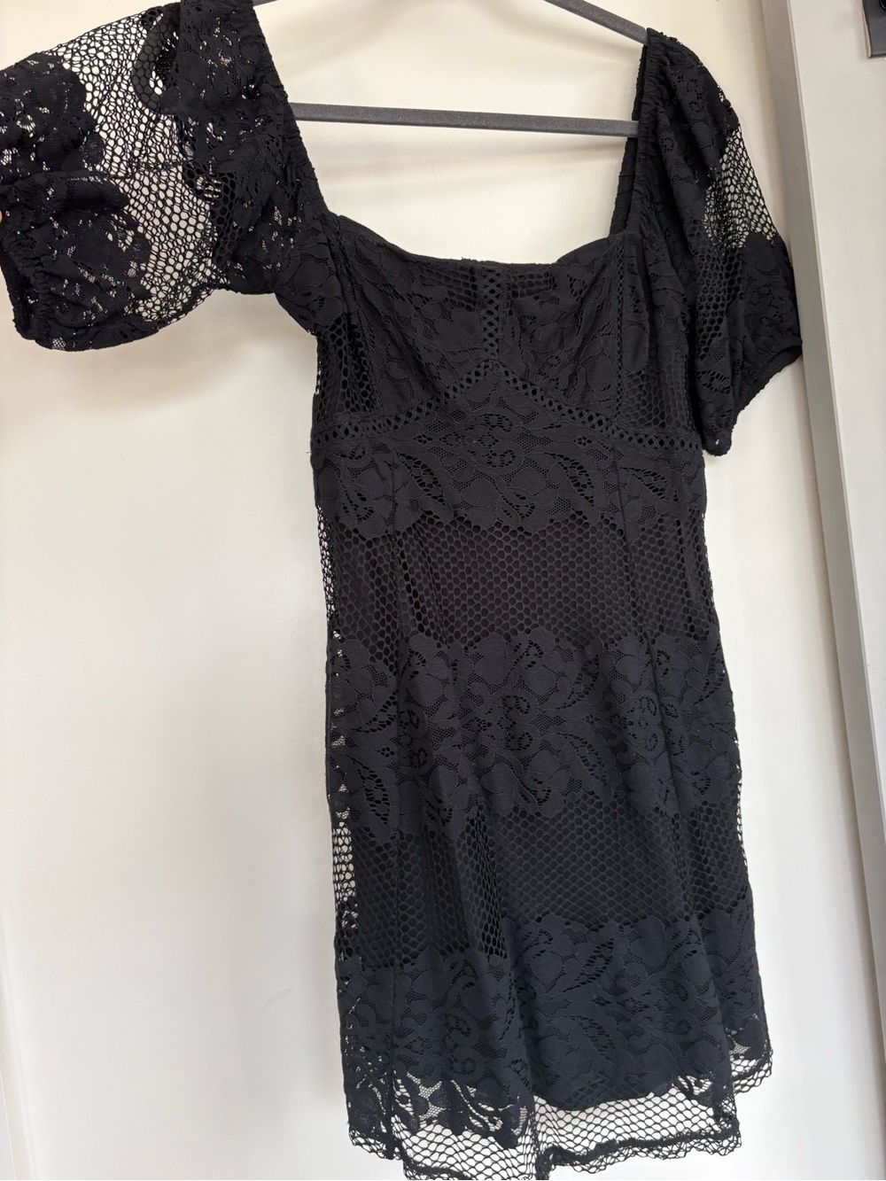 Free People Black Lace Puff-Sleeve Off-Shoulder Dress